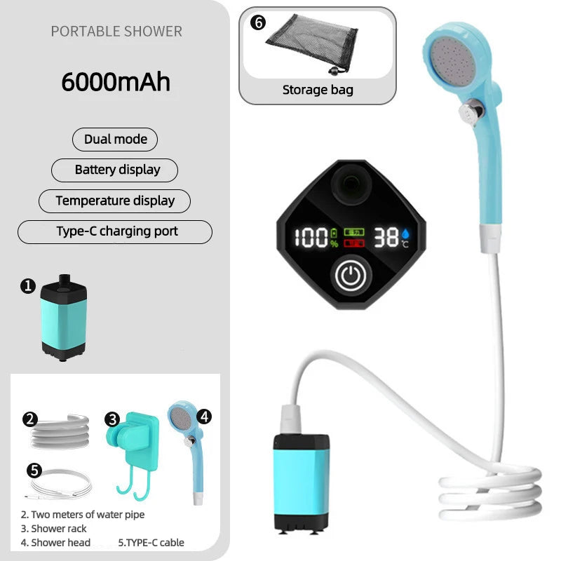 Portable Shower for Camping 6000mAh Rechargeable Camping Shower with Shower Head Intelligent LED Display Electric Shower Pump