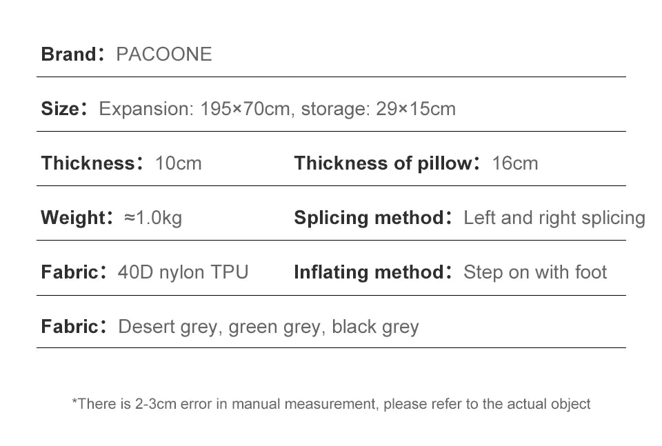 PACOONE 10Cm Thicken Sleeping Pad Ultralight Self-inflating Air Mattress Splicing Bed Beach Picnic Mat Camping Tent Air Cushion