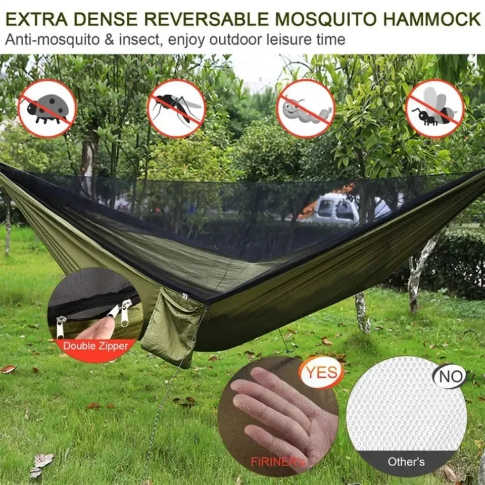 Camping Hammock and Portable Travel Outdoor Hanging Sleeping Hammock with Mosquito Net Single and Double Size Nylon Fabric