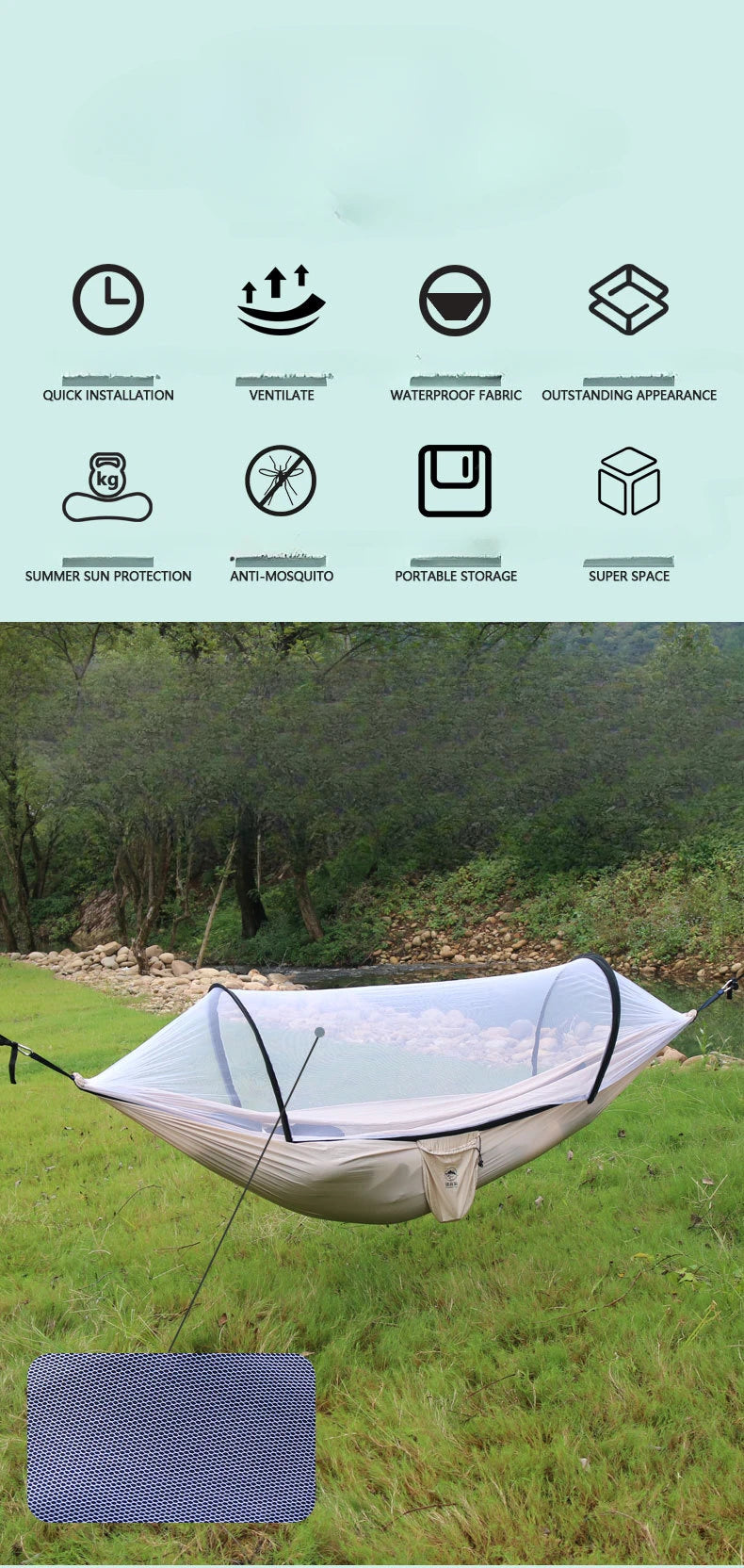 Camping hammock with net, lightweight and portable hammock, large capacity, anti rollover, suitable for backyard and hiking