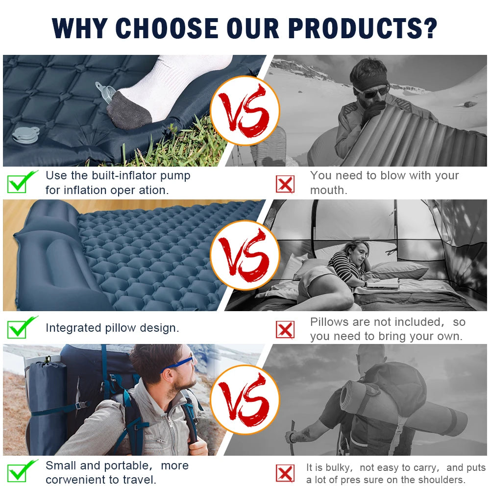 Double Sleeping Pad for Camping Inflatable Mattress with Pillow Outdoor Mat Travel Bed Cushion Built-in Pump 2 Person for Hiking