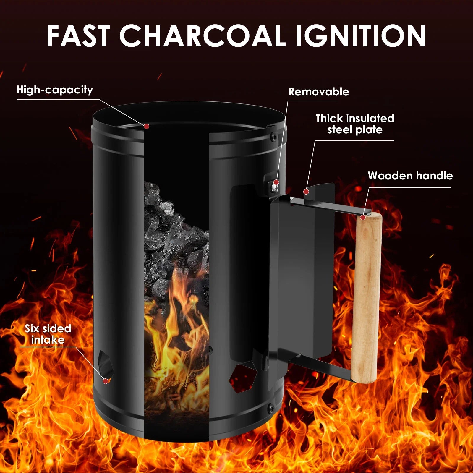Charcoal Chimney Starter with Wood Handle Rapid BBQ Chimney Starter Fire Briquette Starters Can Canister For Grilling Tool