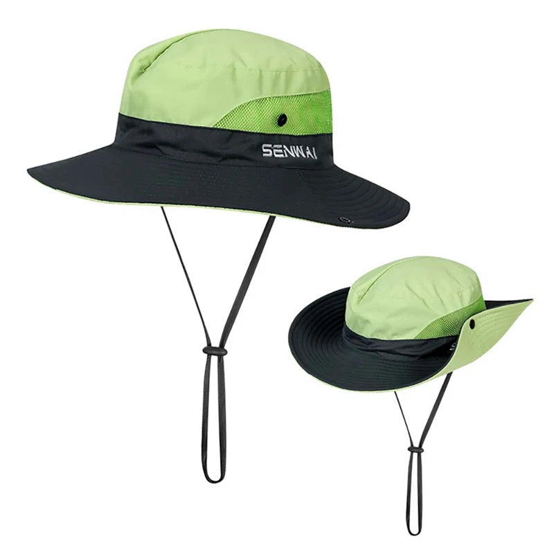 Camping Hiking Bucket Hat Wide Brim Quick Drying Breathable Traveling Foldable Sunshade Sun Ponytail Cap With Chin Strap