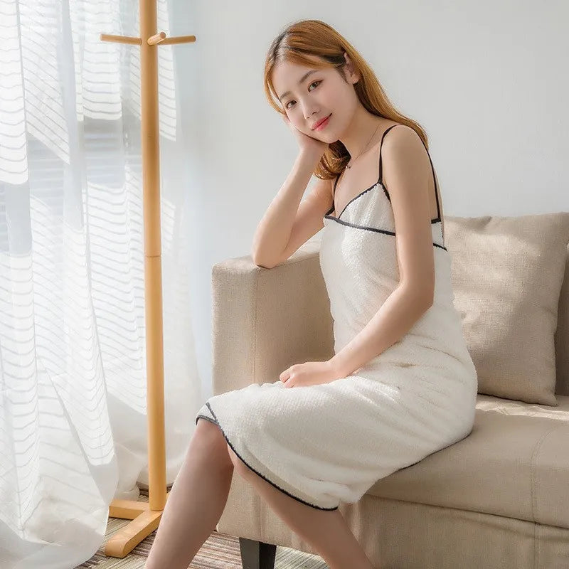 Quick Dry Sling  Wearable Bath Towel Bathrobe Dress for Shower Pool Spa Bathroom White Towel Wrap for Women