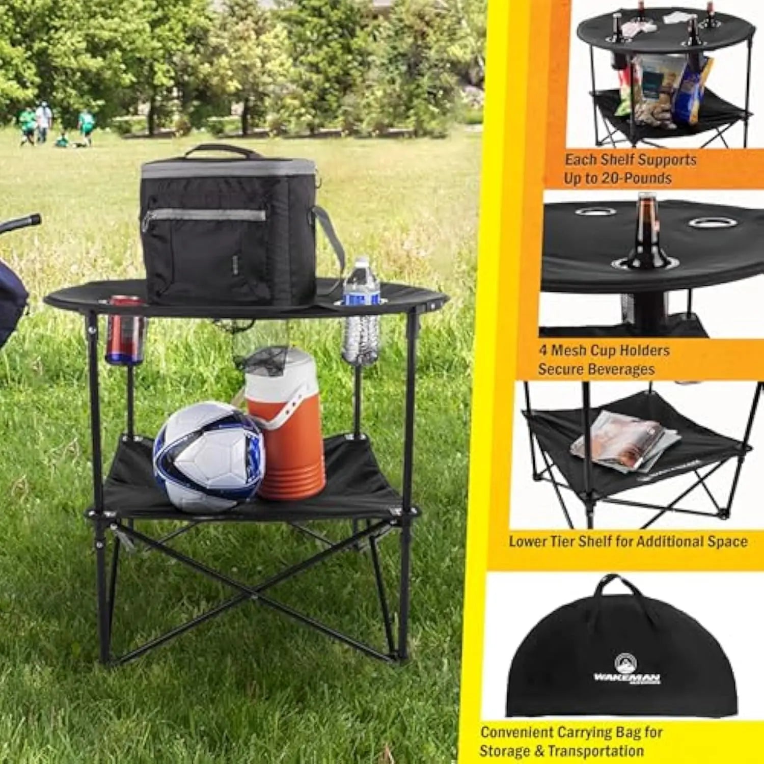 Camp Table Round 2-Tier Folding Table with 4 Cupholders and Carrying Bag for Camping, Beach and More Outdoors