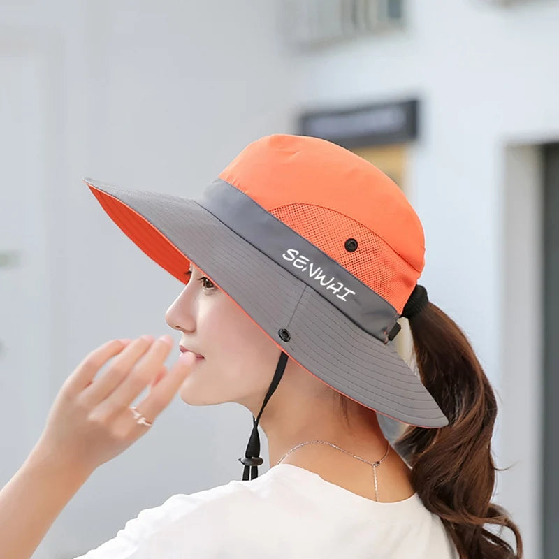 Camping Hiking Bucket Hat Wide Brim Quick Drying Breathable Traveling Foldable Sunshade Sun Ponytail Cap With Chin Strap