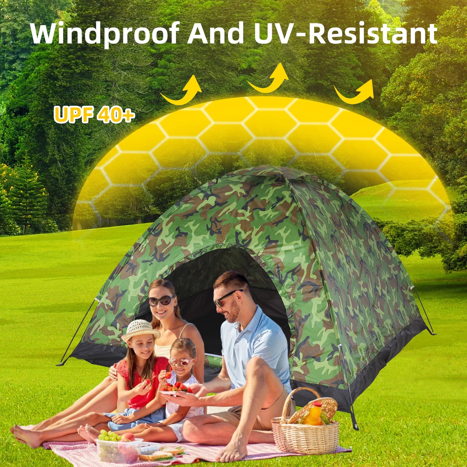 Tent for Camping 3-4 Person Capacity Waterproof Camouflage Dome Tent UV Protection Mosquito Net Easy Setup Family Tents