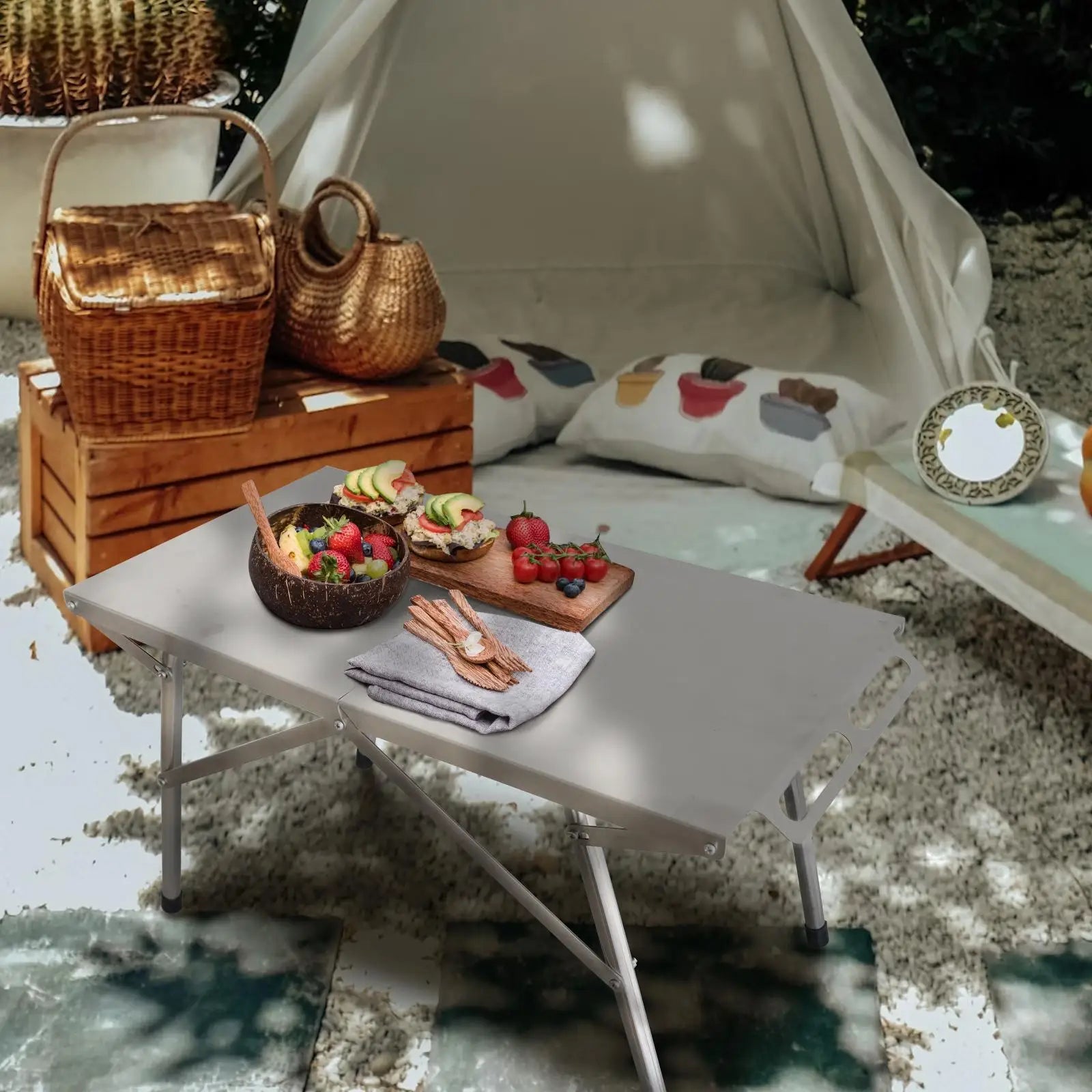 Outdoor Camping Folding Table Stainless Steel Portable Multi-functional Lightweight Table For Festival Party Picnic Hiking BBQ