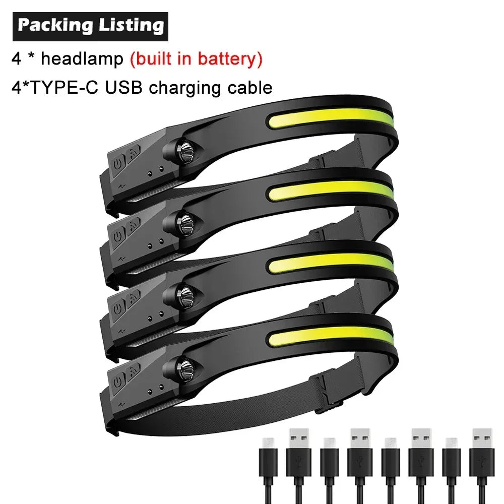 230°Bright Beam Headlamp LED Sensor Head lamp Built-in Battery USB Rechargeable Head Flashlight Outdoor Camping Fishing Headligh