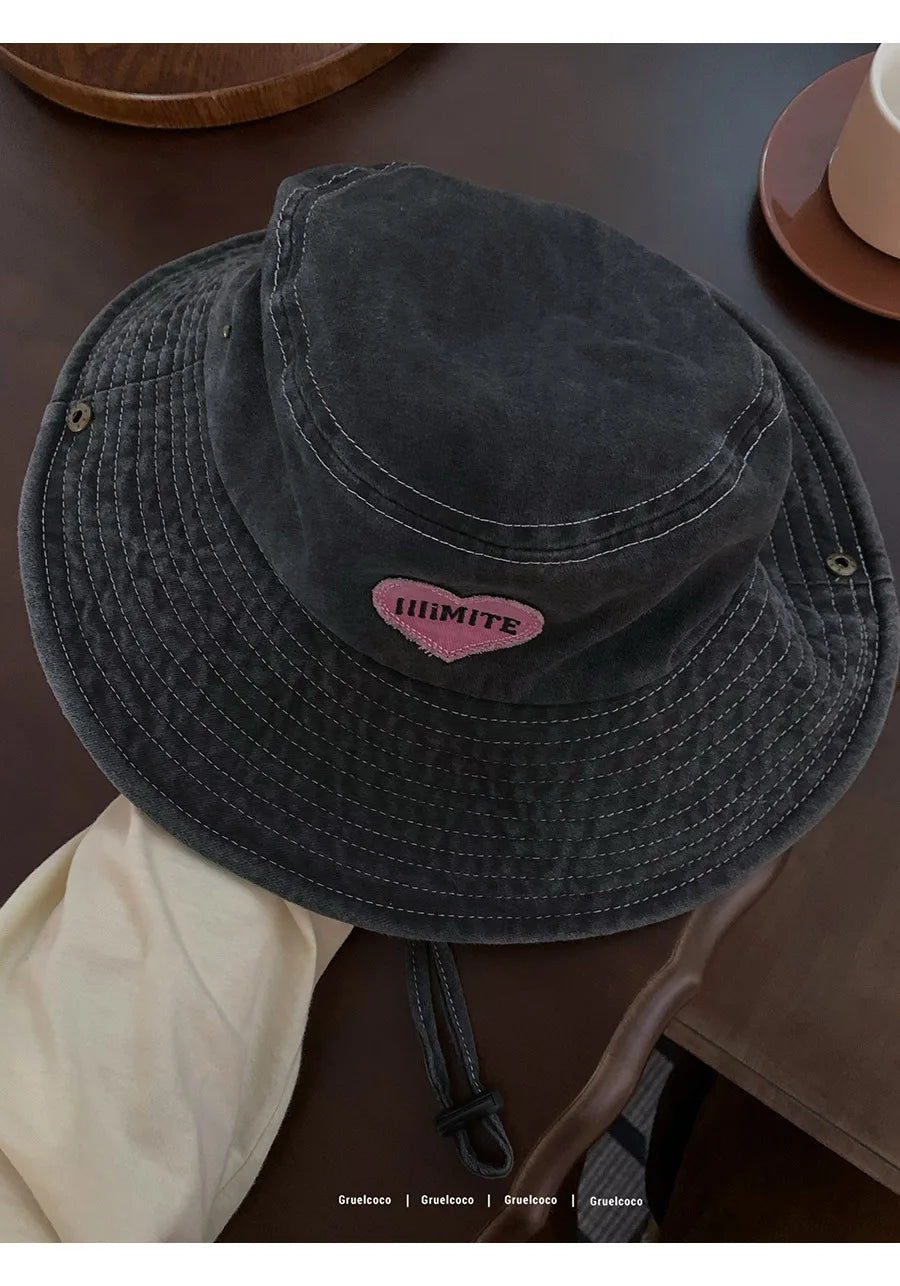 Japanese Retro Washed Cowboy Hats for Women Spring and Summer Outdoor Camping Sun Protection Sweet Pink Love Bucket Caps