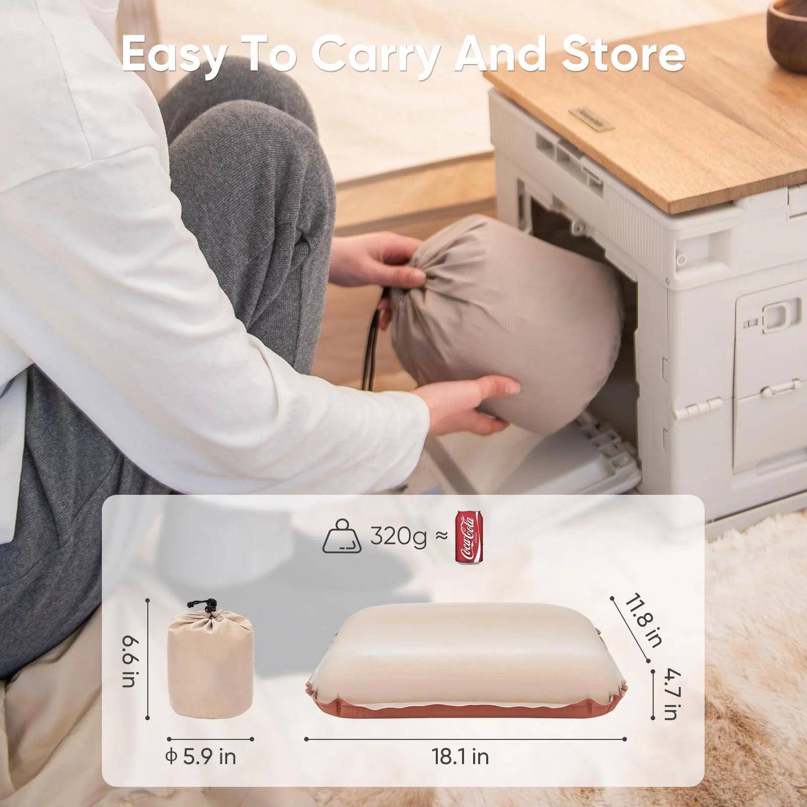 Camping Pillow with Memory Foam, Self-Inflating Portable Pillow, Ergonomic for Neck Support, for Camping, Airplanes, Backpacking