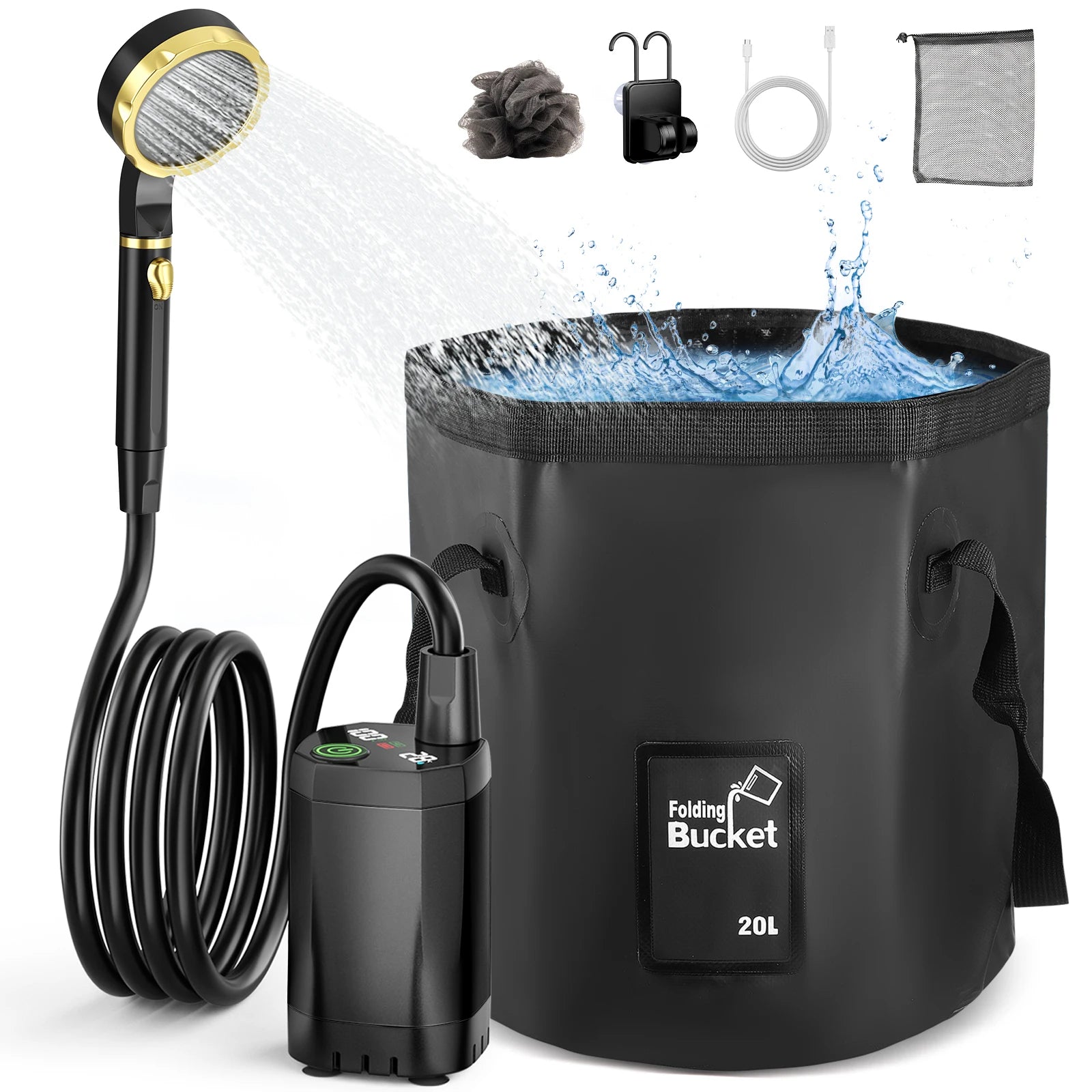 Portable Camping Shower with Rechargeable Pump 6000mAh Outdoor Shower Kit 20L Foldable Bag for Travel, Garden & Car Wash