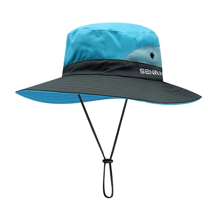 Camping Hiking Bucket Hat Wide Brim Quick Drying Breathable Traveling Foldable Sunshade Sun Ponytail Cap With Chin Strap