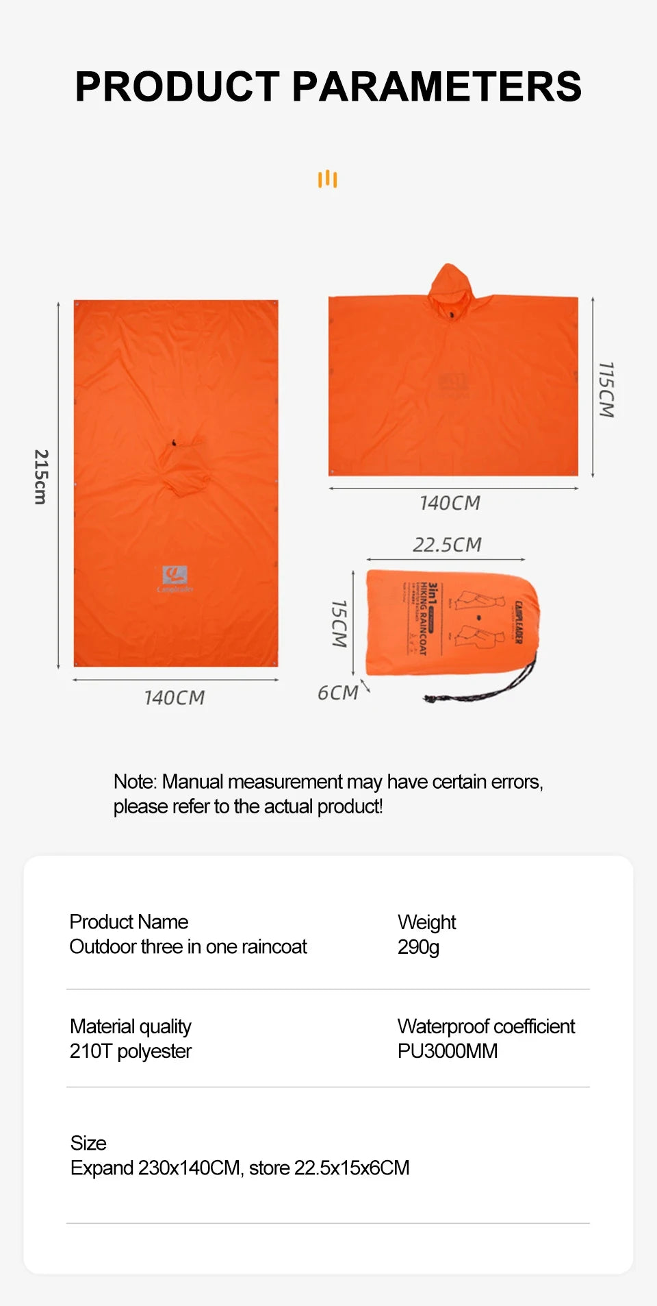 3 In 1 Outdoor Raincoat Hooded Sleeve Long Waterproof Rain Poncho Motorcycle Rain Cover Camping Hiking Travel Rainwear Tent