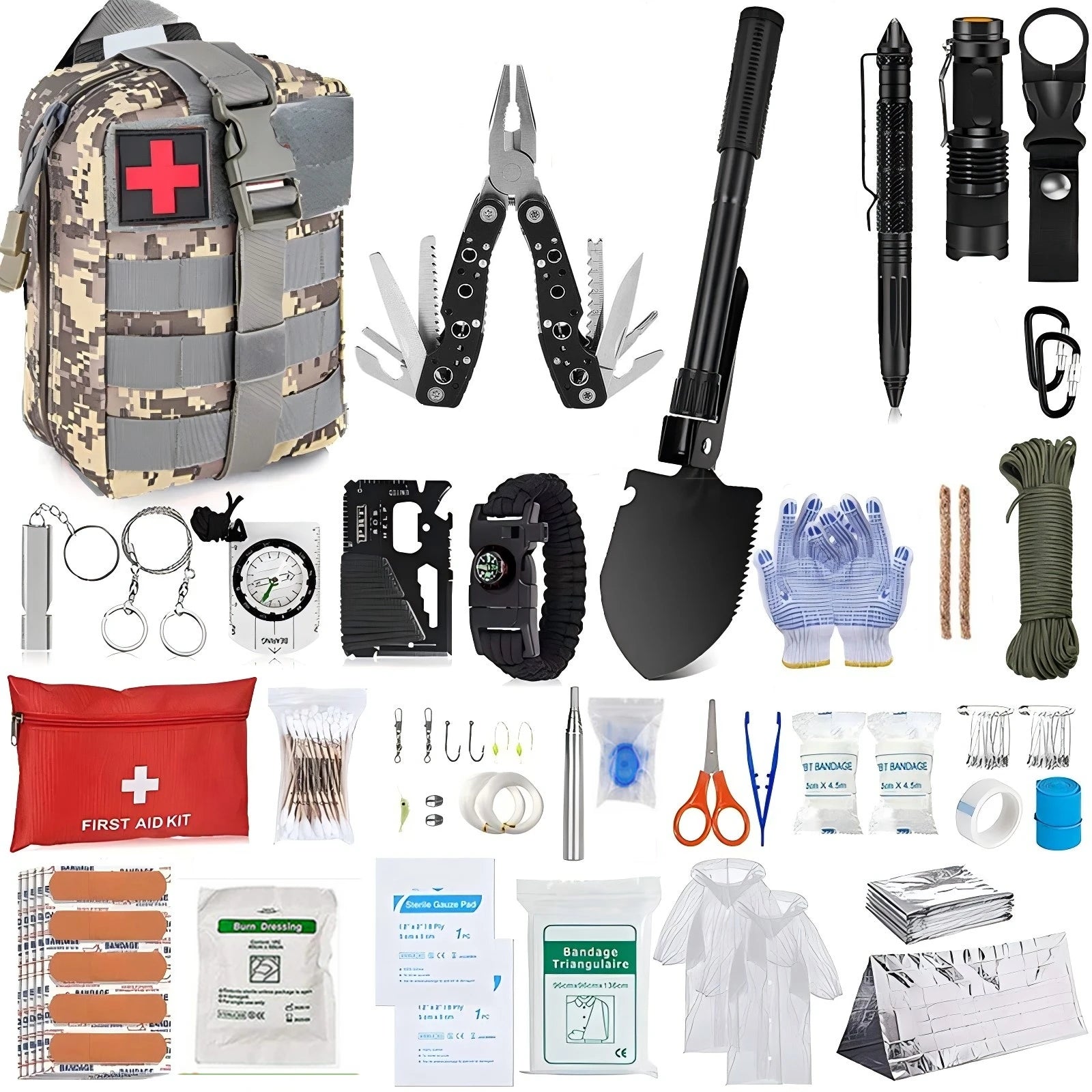 Outdoor Survival Kit: Multifunctional Camping & Hiking Essentials - First Aid Kit Emergency Tactical Gear Set  ﻿