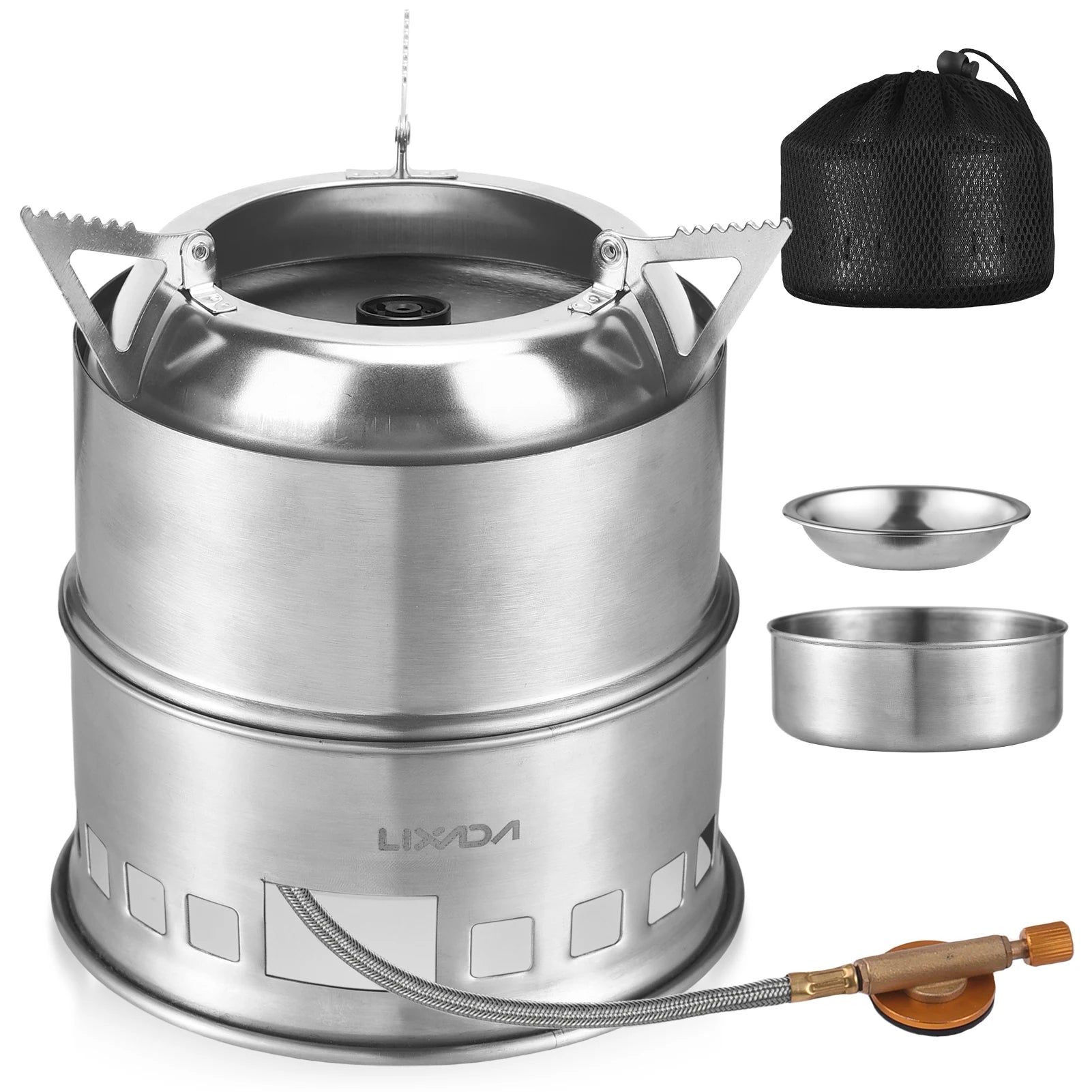 Camping Stove 3-in-1 Portable Stainless Steel Lightweight Wood Gas Solid Fuel Stoves for Outdoor Cooking Picnic BBQ