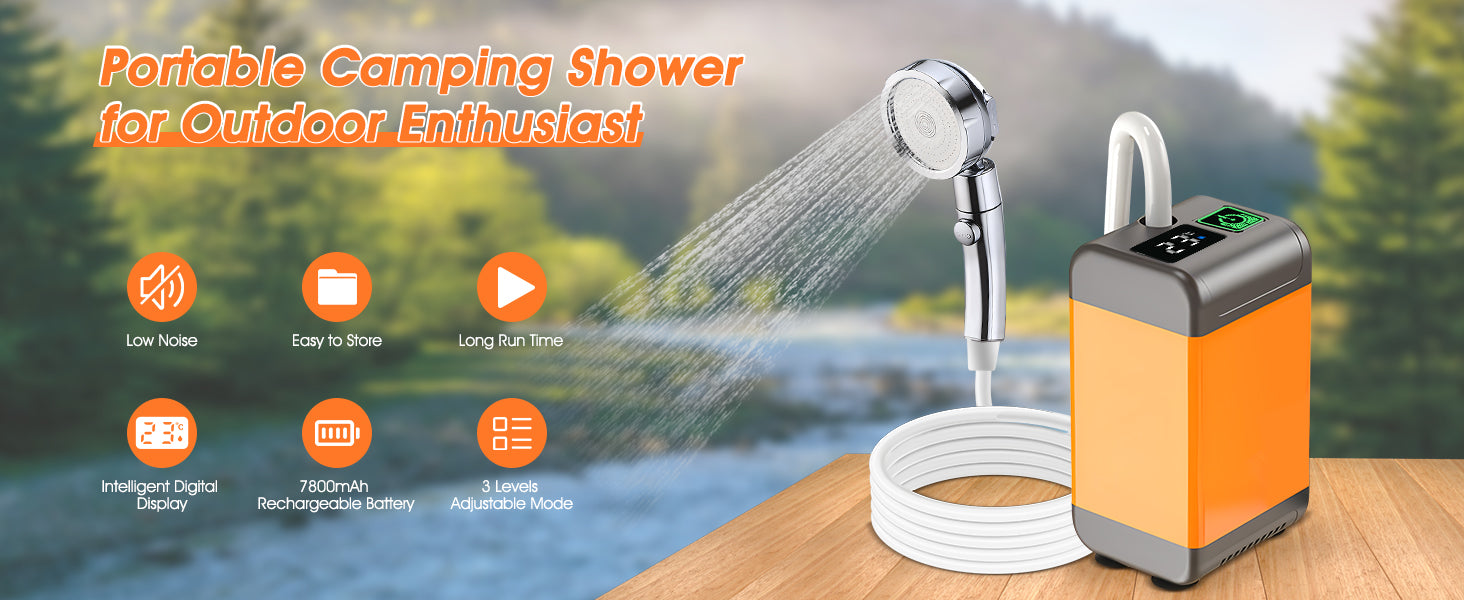 Portable Camping Shower - Rechargeable 7800mAh Pump with Showerhead, Low Noise, Temp & Battery Display for Camping, Beach